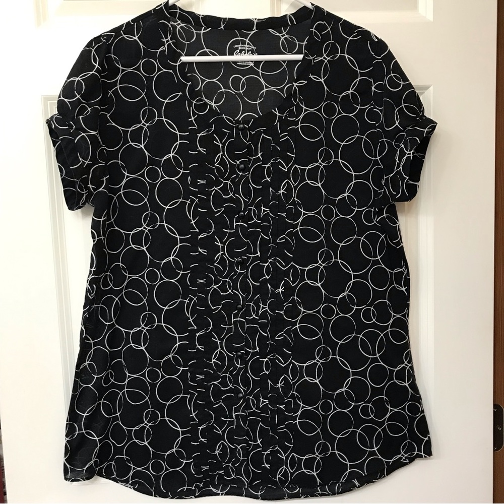 Cabela’s Sheer Short Sleeve Blouse Circle Bubbles Pleat Puff Button Black XL